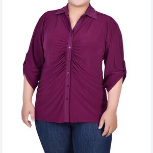 NY Collection Button Down Shirt Women Purple Pot, Long Sleeve Plus Sz 1X
